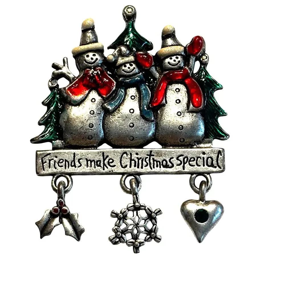 Vintage AJMC Christmas brooch pewter snowmen with gift dangles novelty pin